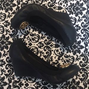 Black Tory Burch Wedges with Gold Tory Burch Logo